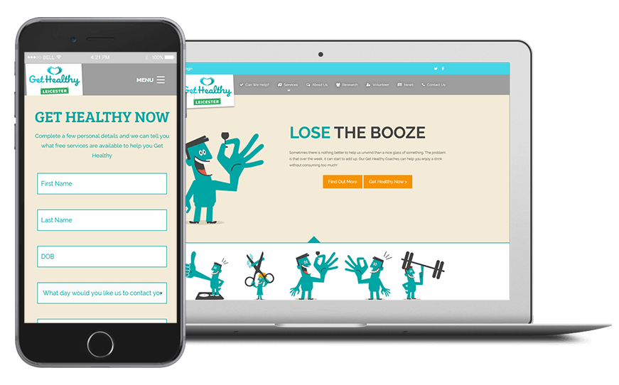 Smartphone and laptop displaying Lifestyle Triage, Referral and Health Trainer Software, bespoke software by ioSTUDIOS