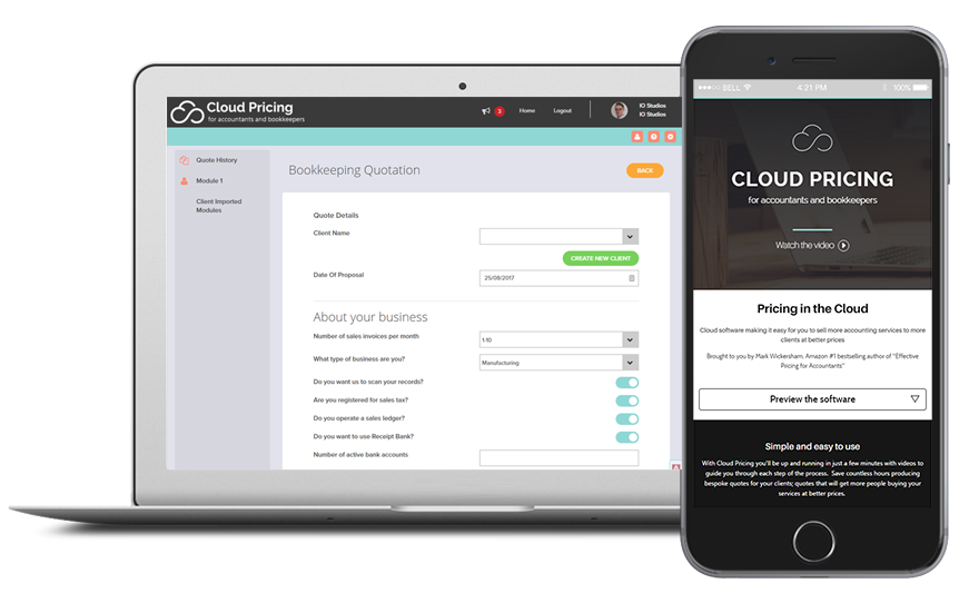 Smartphone and laptop displaying Cloud Pricing, bespoke software by ioSTUDIOS